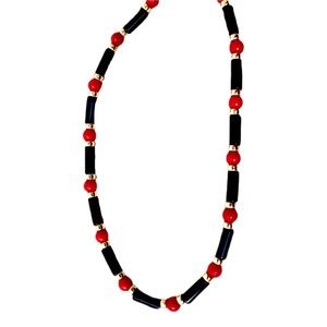 Onyx Red Coral and Gold Beaded Necklace